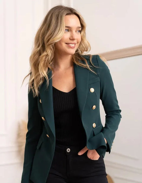 Timeless Fitted Double-Breasted Suit Jacket with Gold Buttons Bottle Green-Jacket-Attentif Paris-S-Bottle Green-Urbanheer