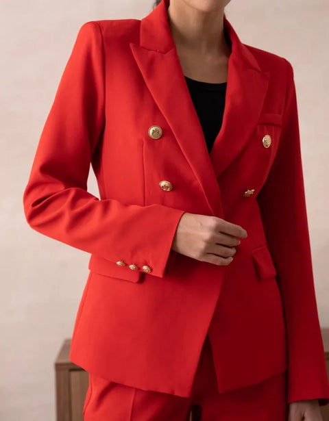 Timeless Fitted Double-Breasted Suit Jacket with Gold Buttons Red