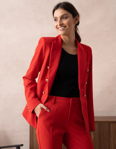 Timeless Fitted Double-Breasted Suit Jacket with Gold Buttons Red