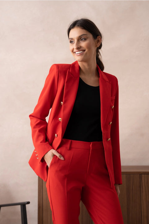 Timeless Fitted Double-Breasted Suit Jacket with Gold Buttons Red