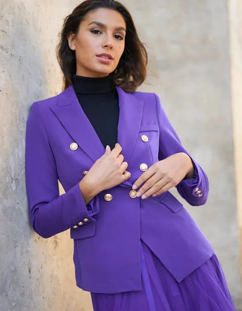 Timeless Fitted Double-Breasted Suit Jacket with Gold Buttons Violet-Jacket-Attentif Paris-S-Violet-Urbanheer