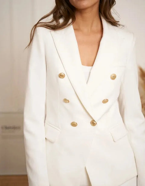 Timeless Fitted Double-Breasted Suit Jacket with Gold Buttons White-Jacket-Attentif Paris-S-White-Urbanheer