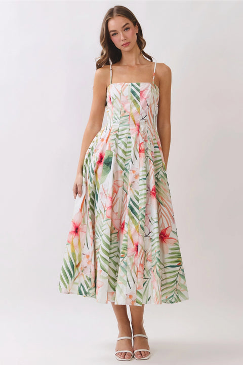 Tropical Botanical Print Pleated Detail Midi Dress
