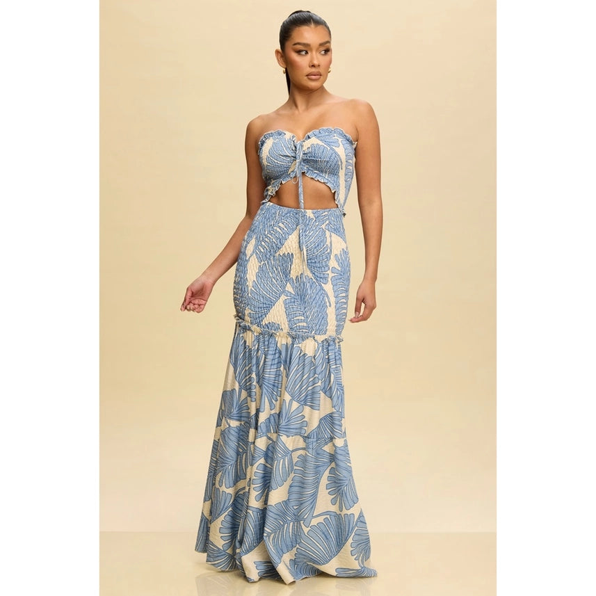 Tropical Leaves Scrunch Maxi Dress Blue / S Tropical Leaves Scrunch Maxi Dress Blue / S