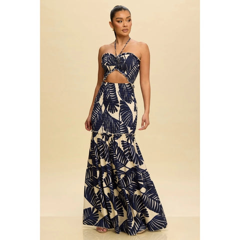 Tropical Leaves Katia Scrunch Maxi Dress NAVY-Dress-Luxxel-S-NAVY-Urbanheer