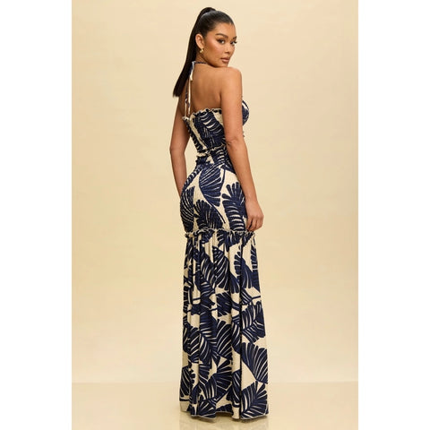 Tropical Leaves Katia Scrunch Maxi Dress NAVY-Dress-Luxxel-S-NAVY-Urbanheer