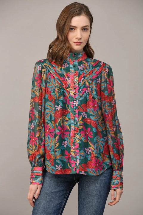 Tucked Yoke Detail Standing Collar Blouse-Blouse-FATE-S-TEAL GREEN MULTI-Urbanheer