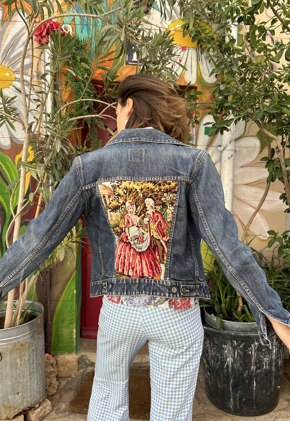 Upcycled Denim Jacket with Vintage Needlepoint from Frankie