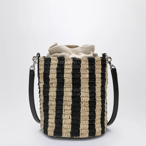 Valentino Garavani Small bucket bag in raffia with beige and black stripes