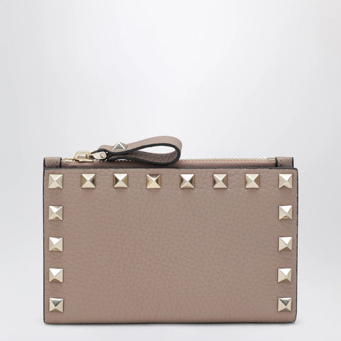 Valentino Powder Pink Leather Rockstud Zip Card Holder