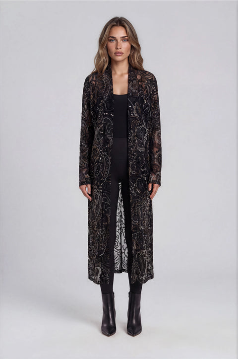 Velvet Burnout Duster with Metallic Paisley Overlay