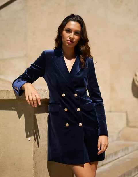 Velvet Double Breasted Jacket Dress Navy-Jacket-Attentif Paris-S-Urbanheer