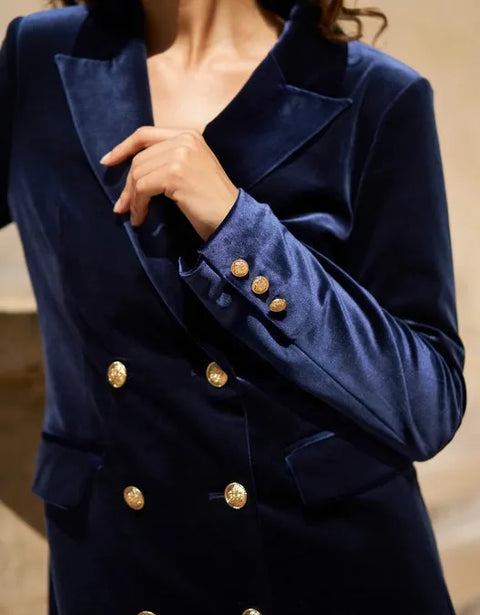Velvet Double Breasted Jacket Dress Navy-Jacket-Attentif Paris-S-Urbanheer