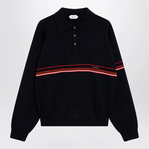 Versace Navy blue cotton knit polo shirt with embroidered logo