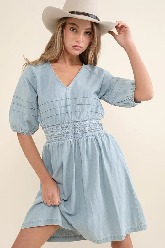 open back denim dress Washed Pintuck Smocked Waist Open Back Denim Dress from Blue B – Urbanheer