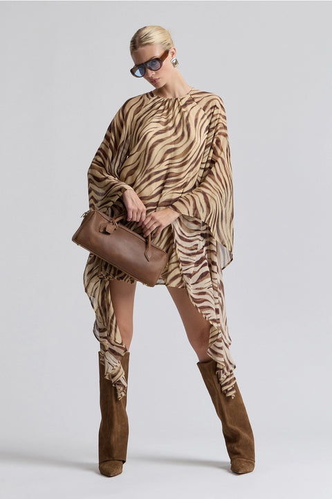 Waterfall Sleeve Zebra Print Crinkle Georgette Mini Dress