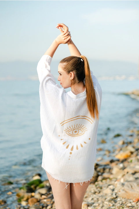 White Evil Eye Double Gauze Cotton Poncho White-Kimono-Moa-L:29" inch-74cm W:39" inch-100cm-White-Urbanheer