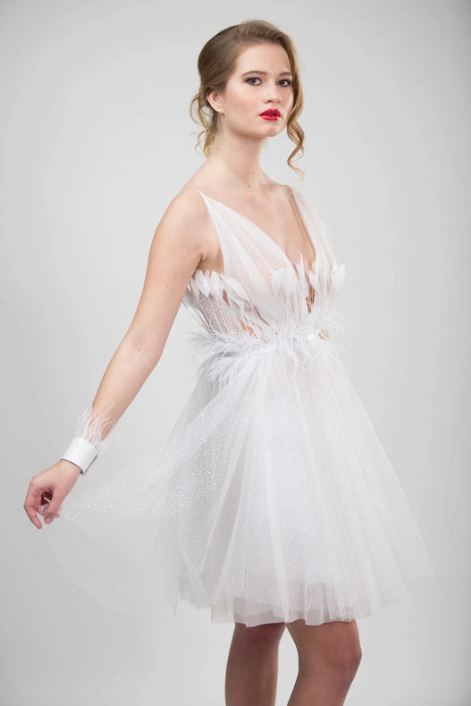 White Glitter Tulle Feather Dress from Gela Wesh exclusive at – Urbanheer