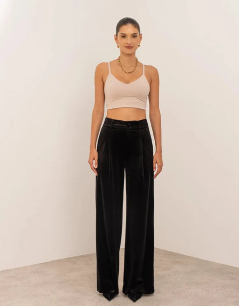Wide Velvet Flowing Trousers with Double-Button Fastening