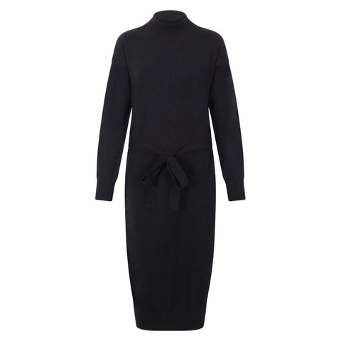 Womens Lightweight Cotton Mock Neck Dress-Dress-Paul James Knitwear-S-Black-Urbanheer