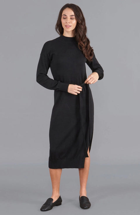 Womens Lightweight Cotton Mock Neck Dress-Dress-Paul James Knitwear-S-Black-Urbanheer