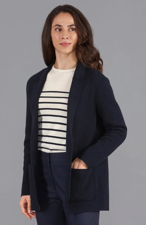 Womens Midweight Cotton Relaxed Fit Knitted Blazer Navy-Blazer-Paul James Knitwear-XS-Regular-Urbanheer
