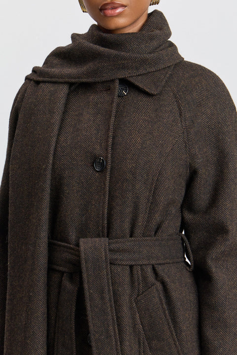 Wool-Blend Herringbone Scarf-Belted Coat