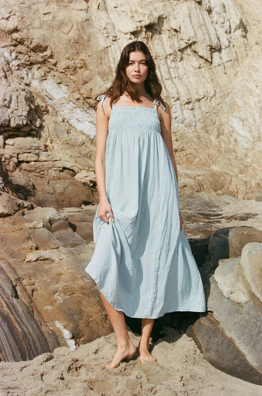 Woven Cotton Gauze Maxi Dress with Side Pockets Light Blue from a.ren Woven Cotton Gauze Maxi Dress with Side Pockets Light Blue from a.ren