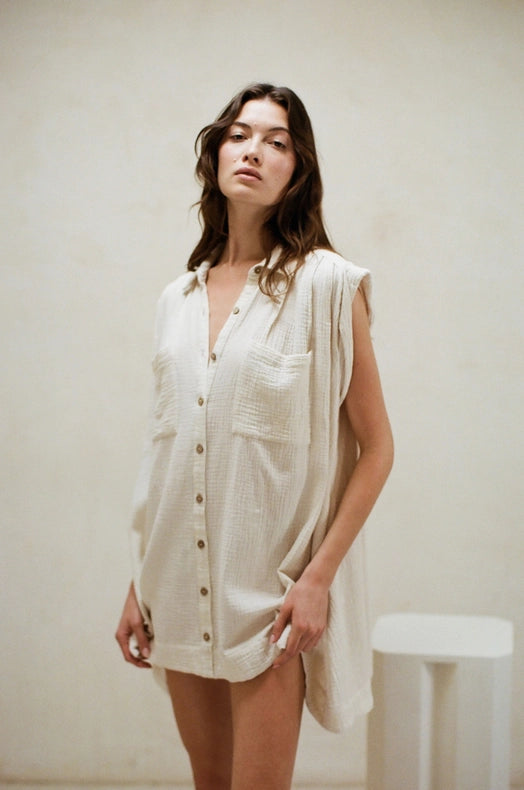 Woven Cotton Gauze Sleeveless Tunic Dress Ivory from a.ren exclusive Woven Cotton Gauze Sleeveless Tunic Dress Ivory from a.ren exclusive