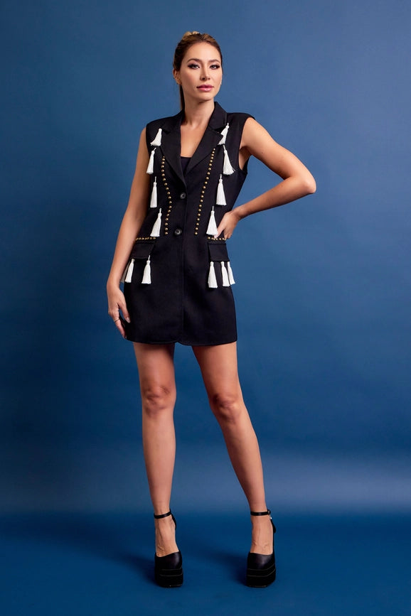 Woven Studded Sleeveless Blazer Dress Tassels BLACK from RIVIR