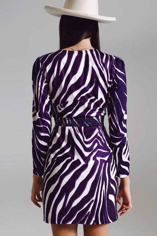 Wrapped Long Sleeve Dress With Belt In Cream And Purple Zebr