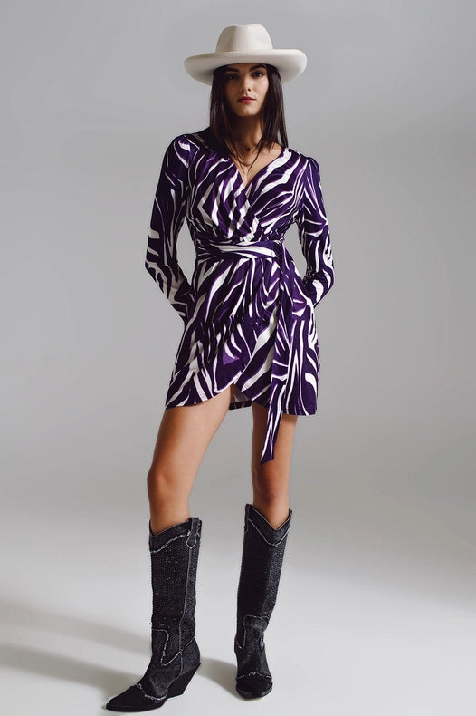 Wrapped Long Sleeve Dress With Belt In Cream And Purple Zebr
