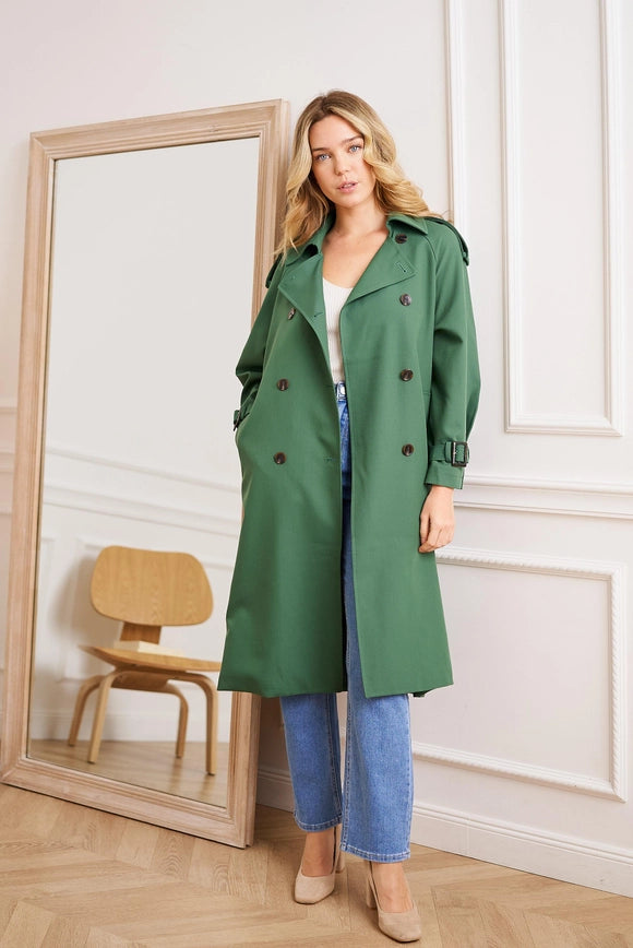 Midnight green sleeveless trench coat with belt