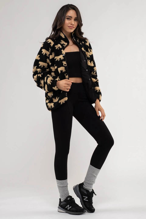 Bear Print Button Up Fleece-Blu Pepper-S-Urbanheer