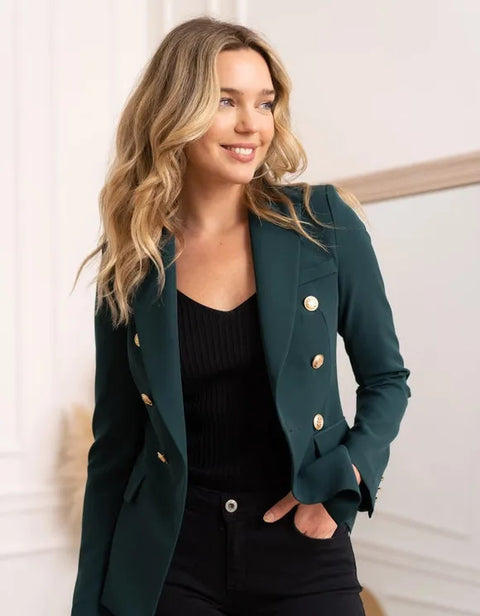 Timeless Fitted Blazer Jacket with Gold Double-Breasted Buttons Bottle Green-Jacket-Attentif Paris-S-Urbanheer
