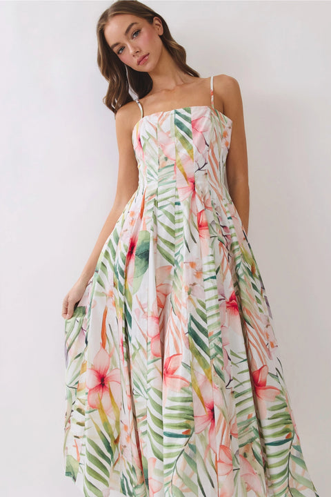 Tropical Botanical Print Pleated Detail Midi Dress