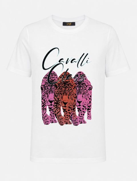 Cavalli Class White Three Tiger Cotton Women Top