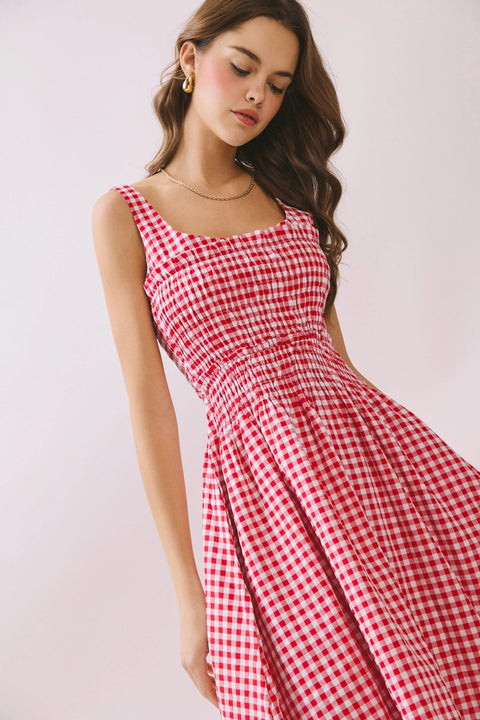 Gingham Smocked Bodice Midi Dress