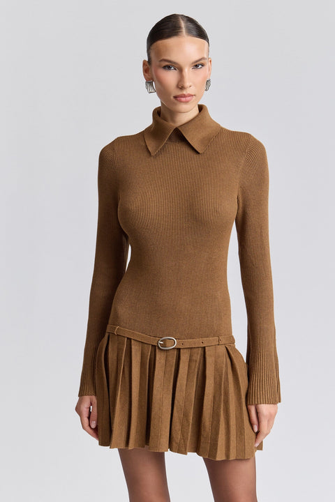 Drop-Waist Pleated Mini Sweater Dress - Russet Brown