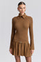 Drop-Waist Pleated Mini Sweater Dress - Russet Brown