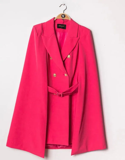 Mid-Length Cape Jacket with Belt Fuchsia-Jacket-Attentif Paris-S-Urbanheer
