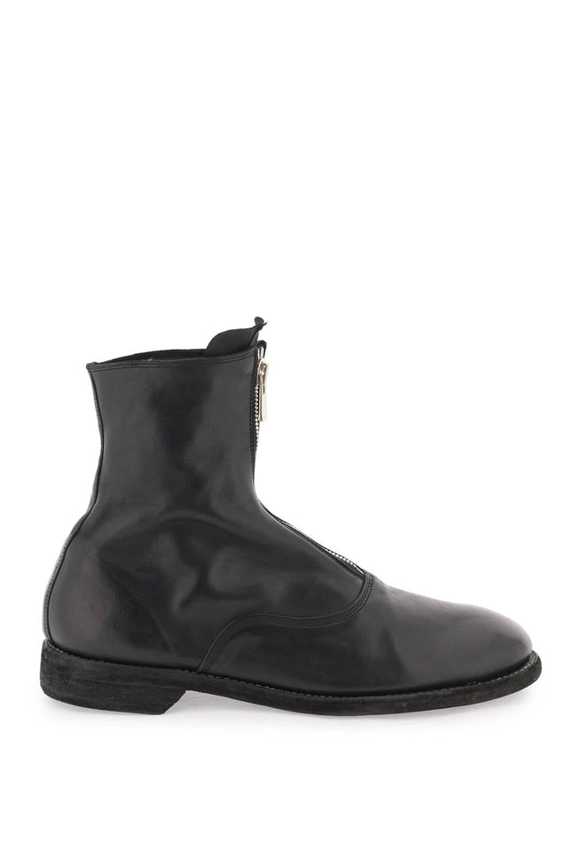 Front Zip Leather Ankle Boots - Black