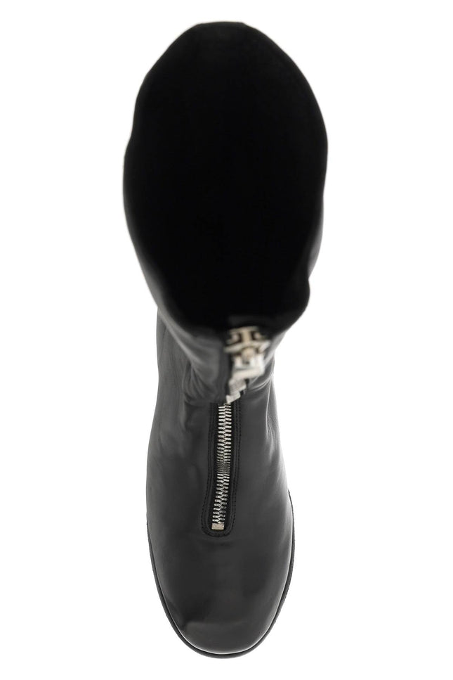 Front Zip Leather Boots - Black