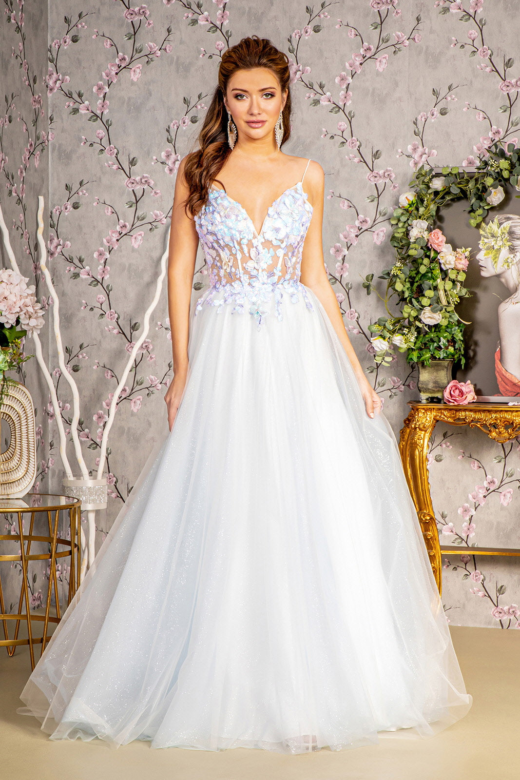3D Butterfly Sleeveless Corset A-line Gown by GLS Gloria GL3265 2XL / Blue