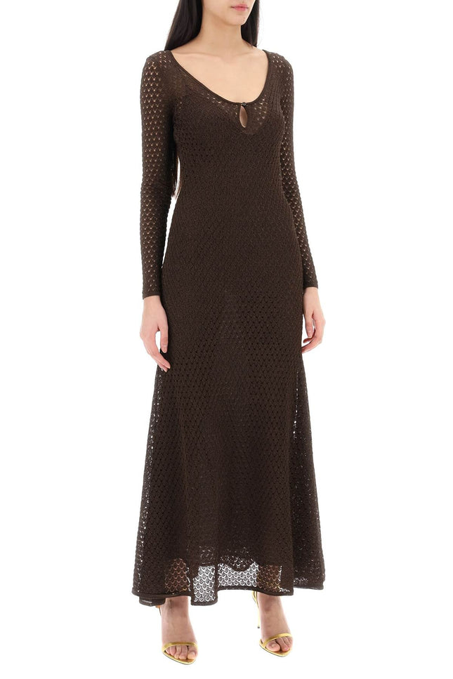 Long Knitted Lurex Perforated Dress - Brown