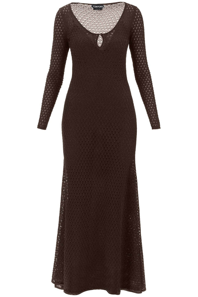 Long Knitted Lurex Perforated Dress - Brown
