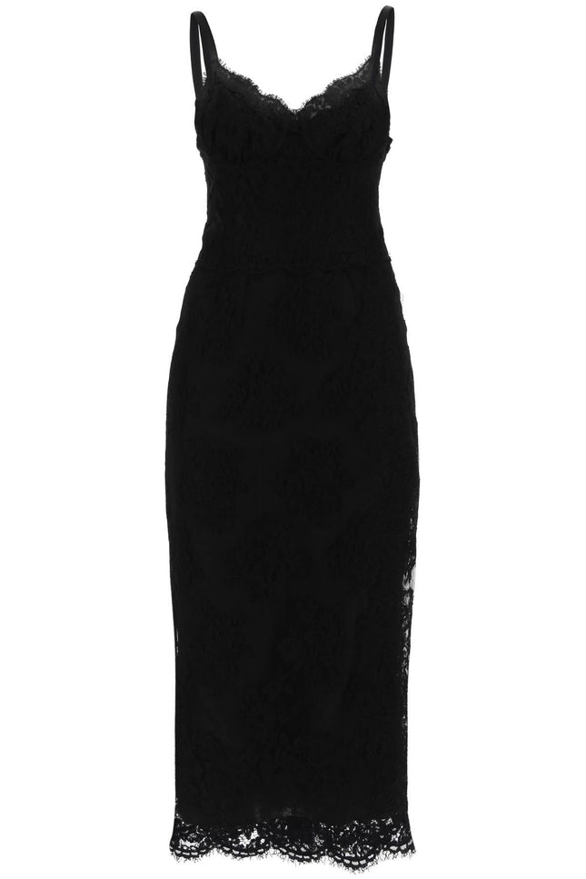 Midi Lace Dress With Slit - Black