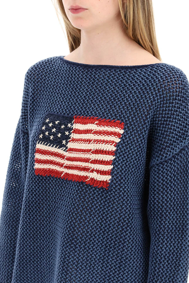 "Pointelle Knit Pullover With Embroidered Flag - Blue
