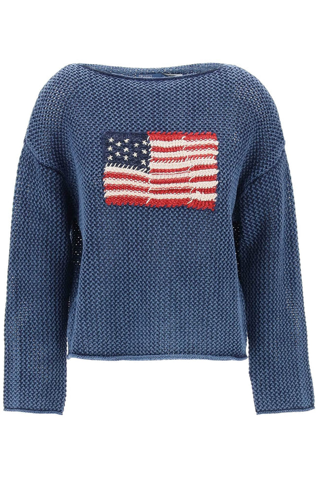 "Pointelle Knit Pullover With Embroidered Flag - Blue