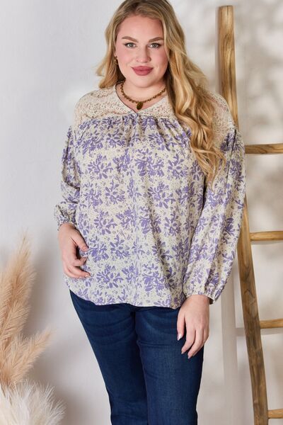 Hailey & Co Full Size Lace Detail Printed Blouse-UHX-Urbanheer